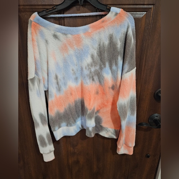 Flirtitude Tie-Dye Crossover Sweatshirt - Blue, Orange, Gray - Picture 3 of 7